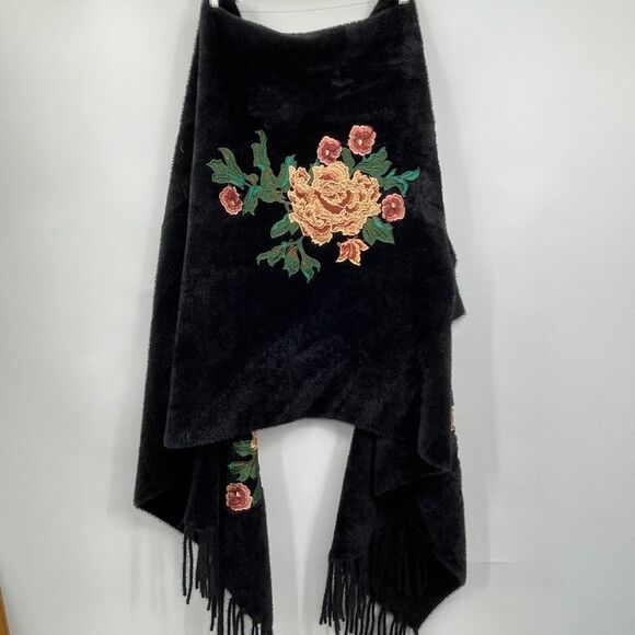 Black Fringed Embroidered Floral Open Cardigan Kimono Sweater One Size - Picture 3 of 4